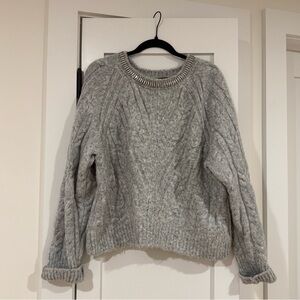 Women's Gray Cable Knit Sweater with Embellished Neckline